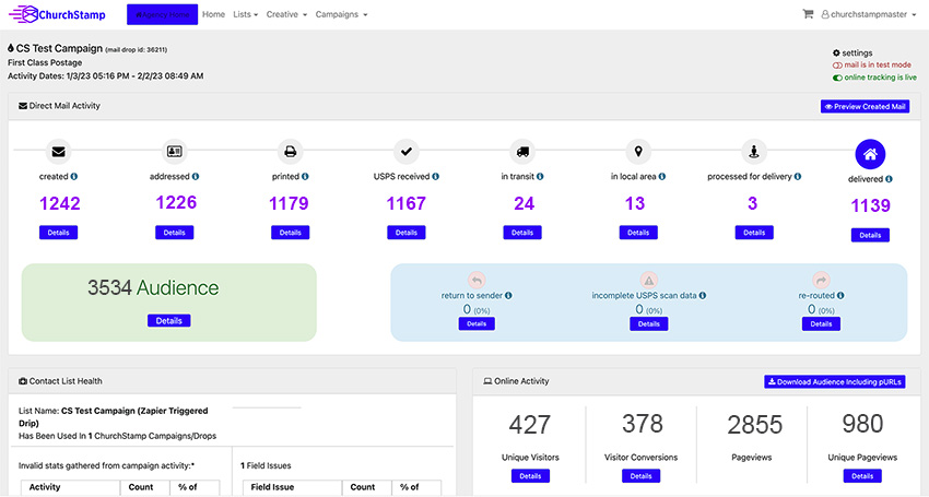 StampFuse trackable postcard dashboard